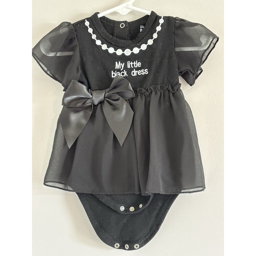 Stephan Baby Little Black Dress Size 3-6 months Snap Crotch Bow Embroidered